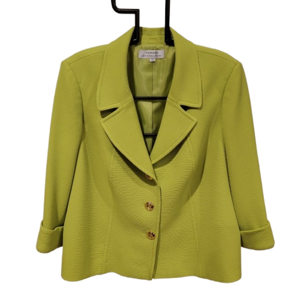Tahari Woman Yellow Green Blazer with Notched Lapels and Tailored Fit